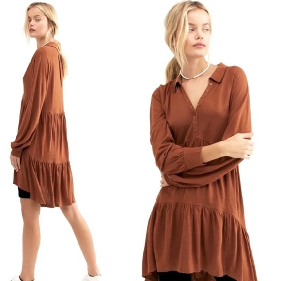 Black Free People Dress Women's Medium Black Tiered Mini Rayon Linen Long Sleeve - Picture 7 of 7